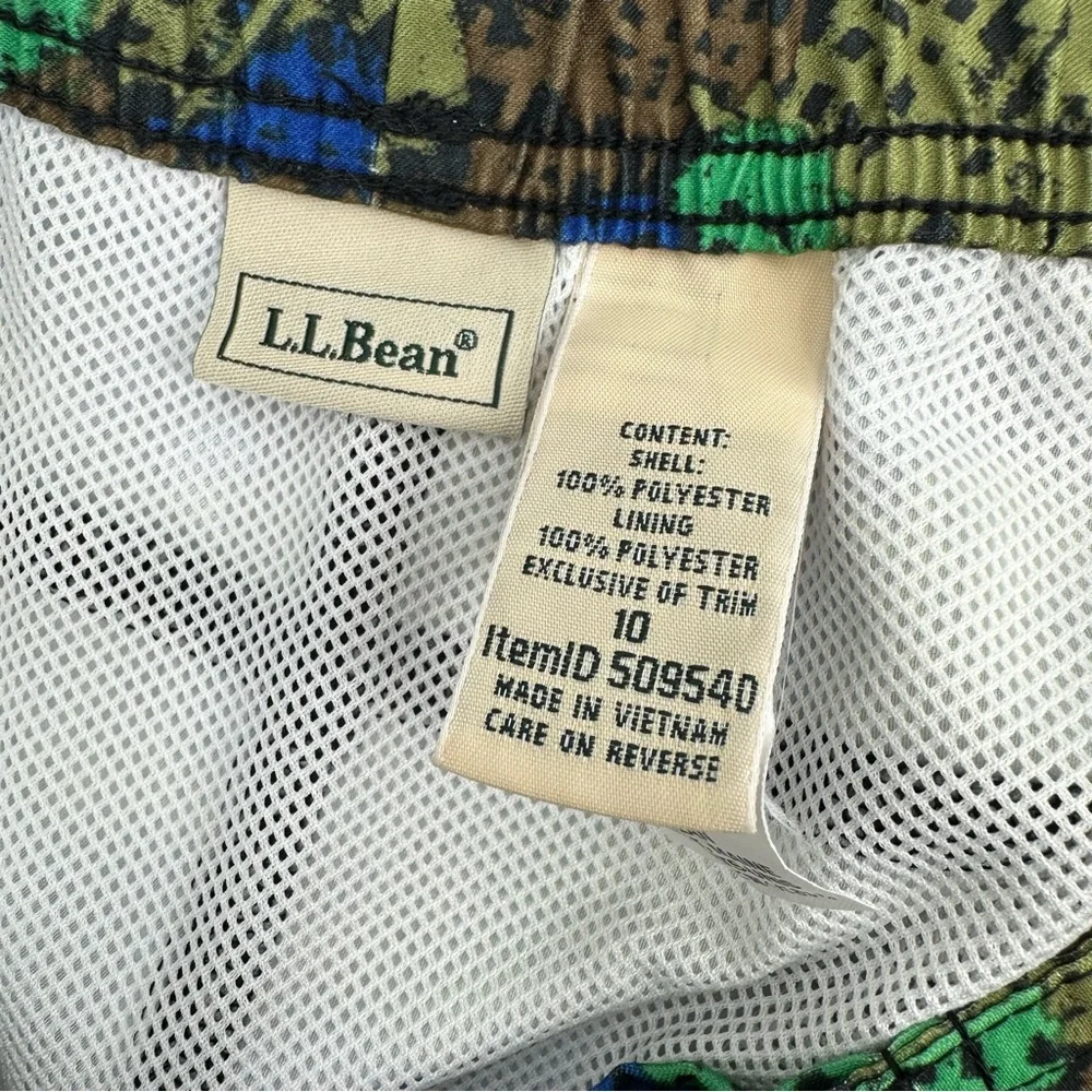 LL Bean Swim Trunks Boys Size 10 Mesh Liner Blue Green Print Beach Board Shorts